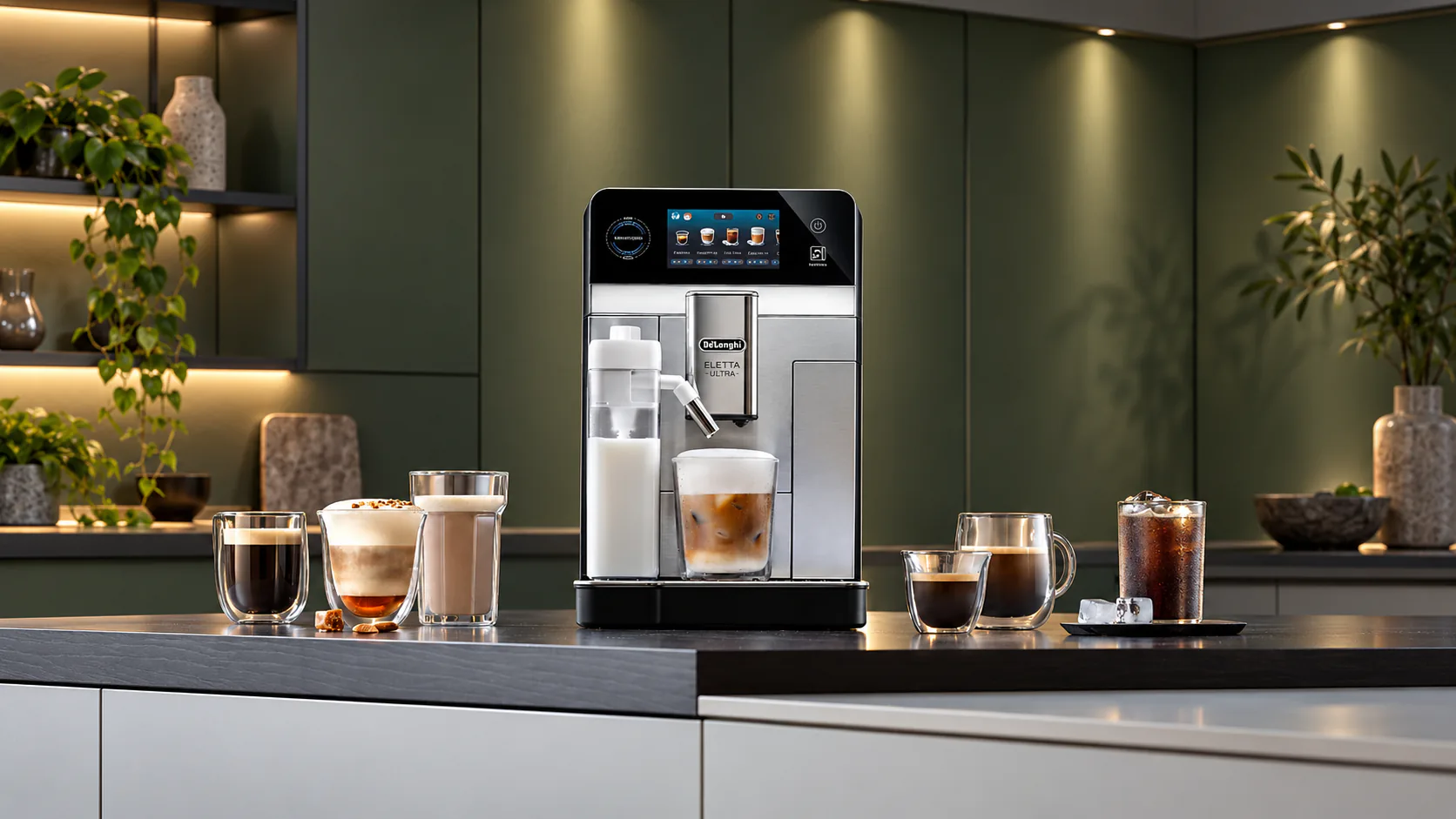 Кофемашина DeLonghi Eletta Ultra с готовыми напитками: эспрессо, капучино и холодный кофе со льдом