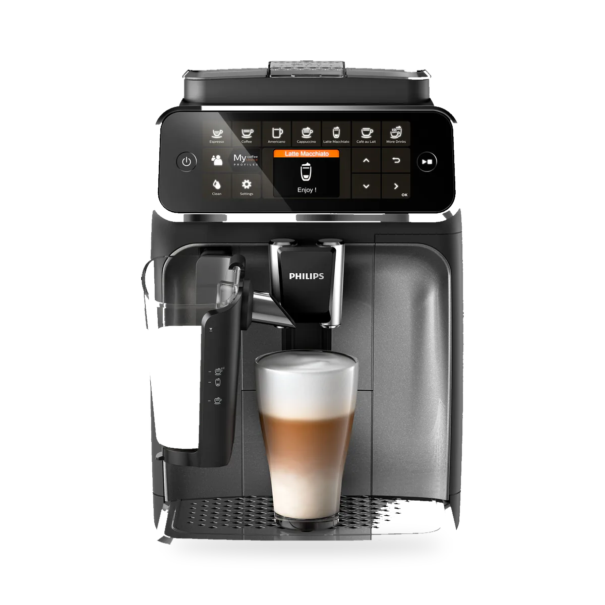 Кофемашина Philips EP4346/70 LatteGo, чёрная с серебристым, вид спереди