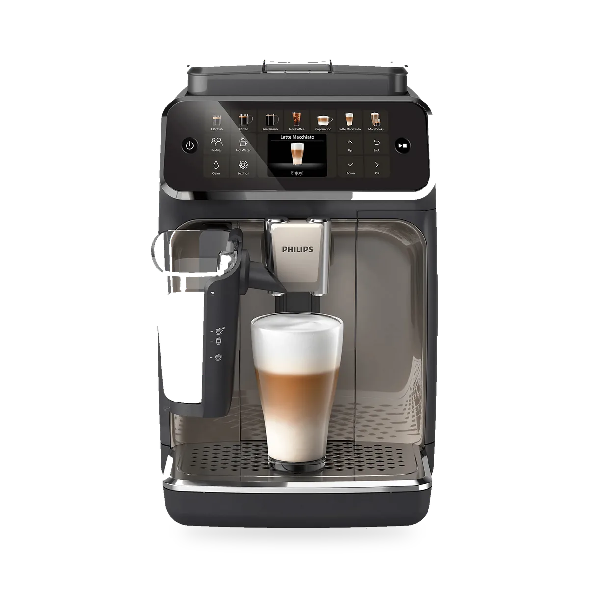 Кофемашина Philips EP4449/70 LatteGo, чёрная с серебристым, вид спереди