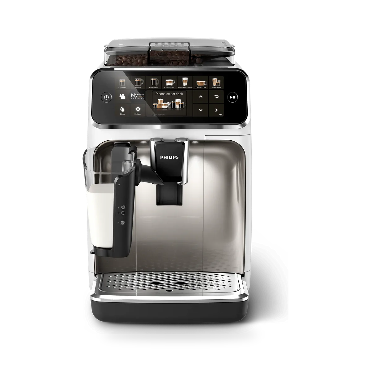 Кофемашина Philips EP5443/90 LatteGo, белая, вид спереди