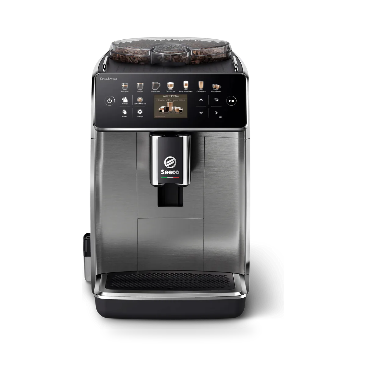 Кофемашина Saeco GranAroma SM6585/00, серебристая, вид спереди