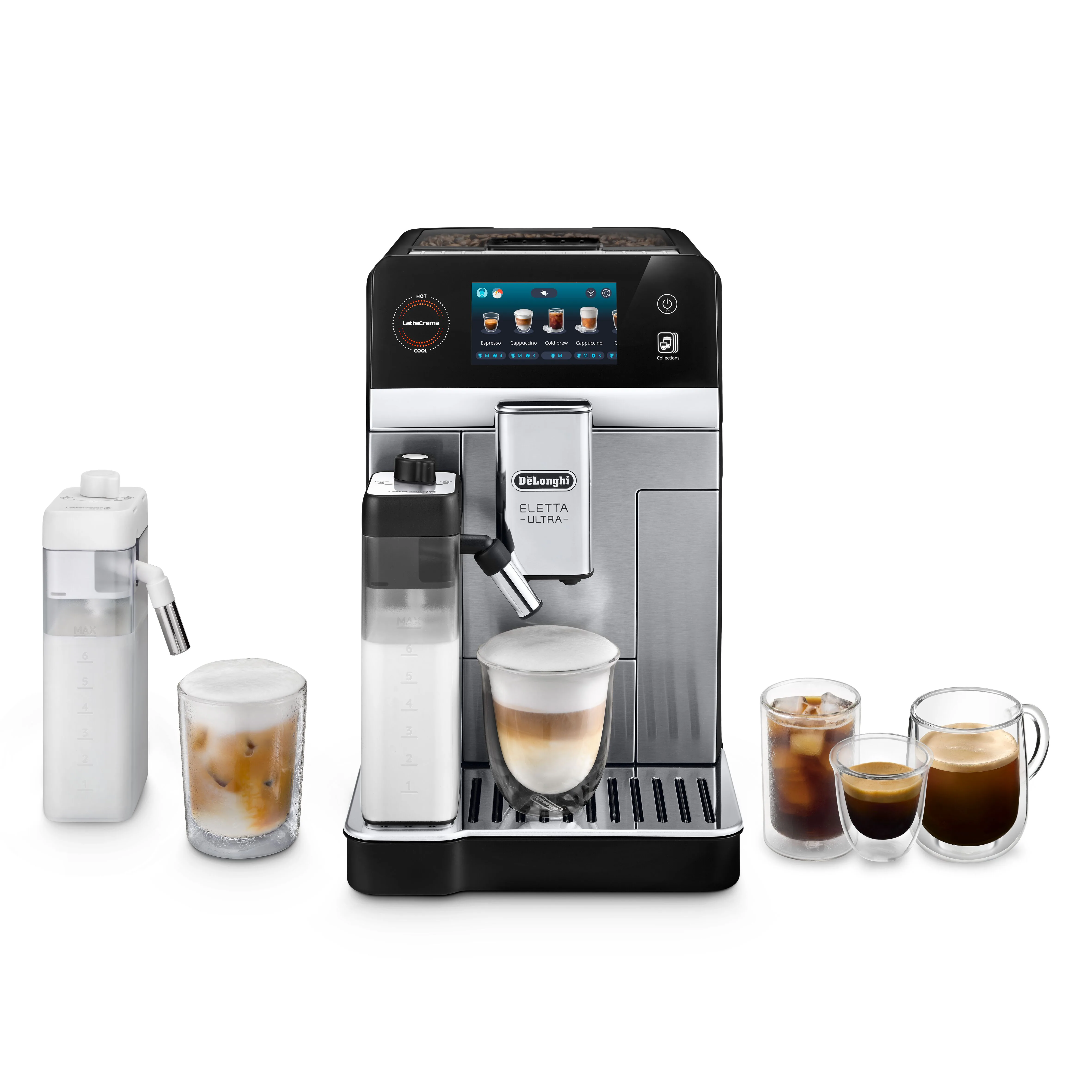 Кофемашина DeLonghi Eletta Ultra с готовыми напитками: эспрессо, капучино и холодный кофе со льдом