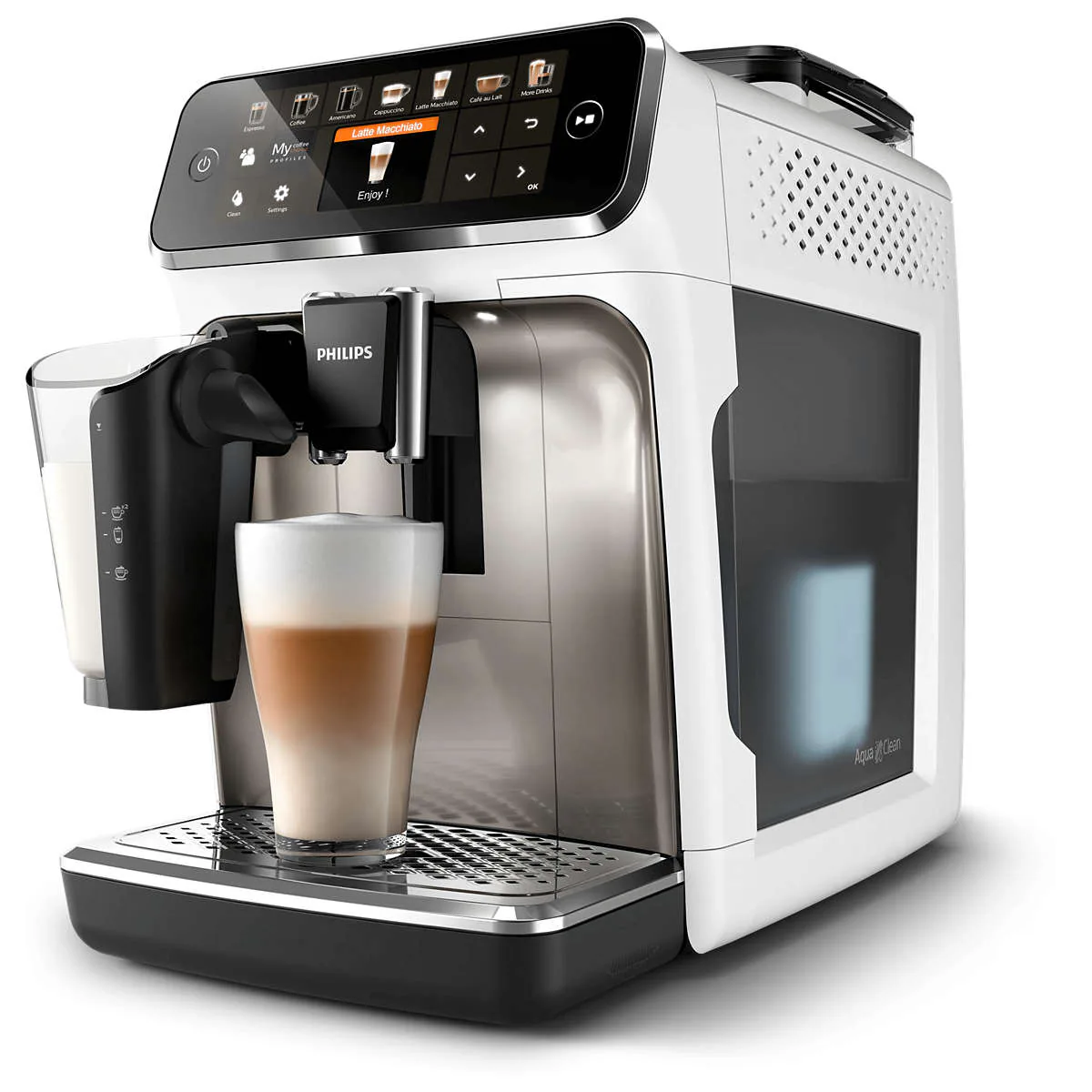 Кофемашина Philips EP5443/90 LatteGo, белая, вид три четверти