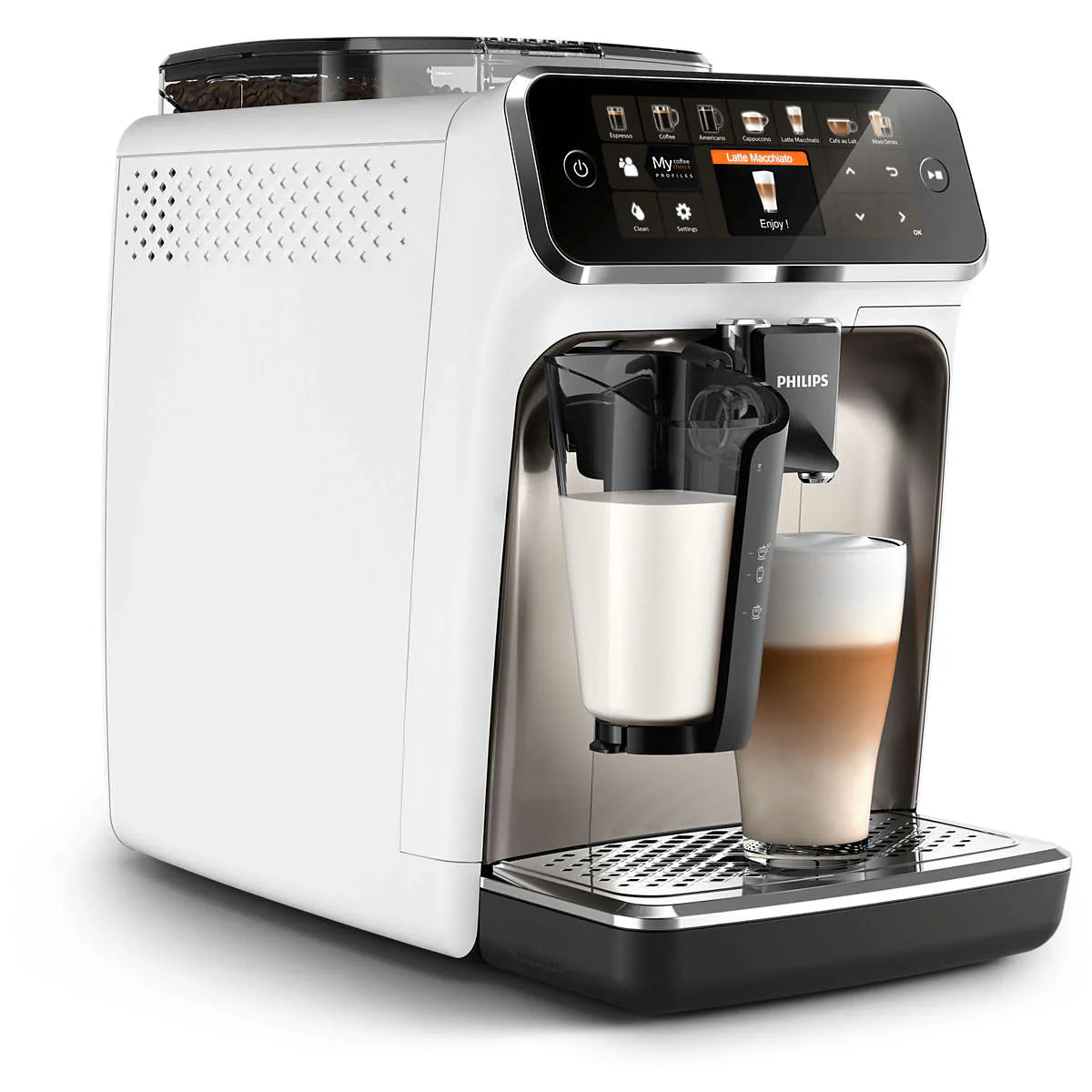 Кофемашина Philips EP5443/90 LatteGo, белая, вид сбоку