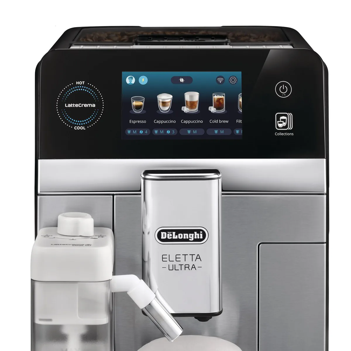 Главный экран кофемашины De’Longhi Eletta Ultra с иконками напитков и индикатором LatteCrema Hot и Cool
