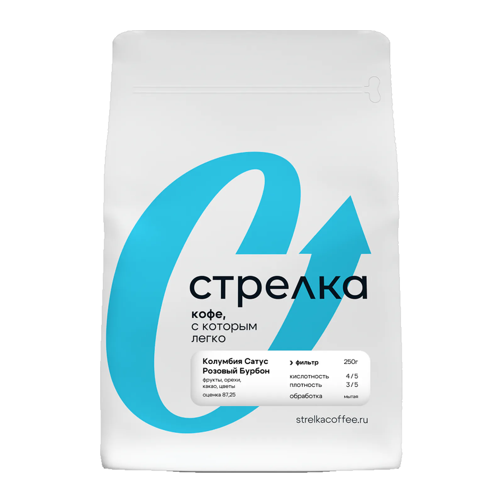 Пачка кофе Колумбия Сатус Розовый Бурбон от обжарщика Стрелка Кофе