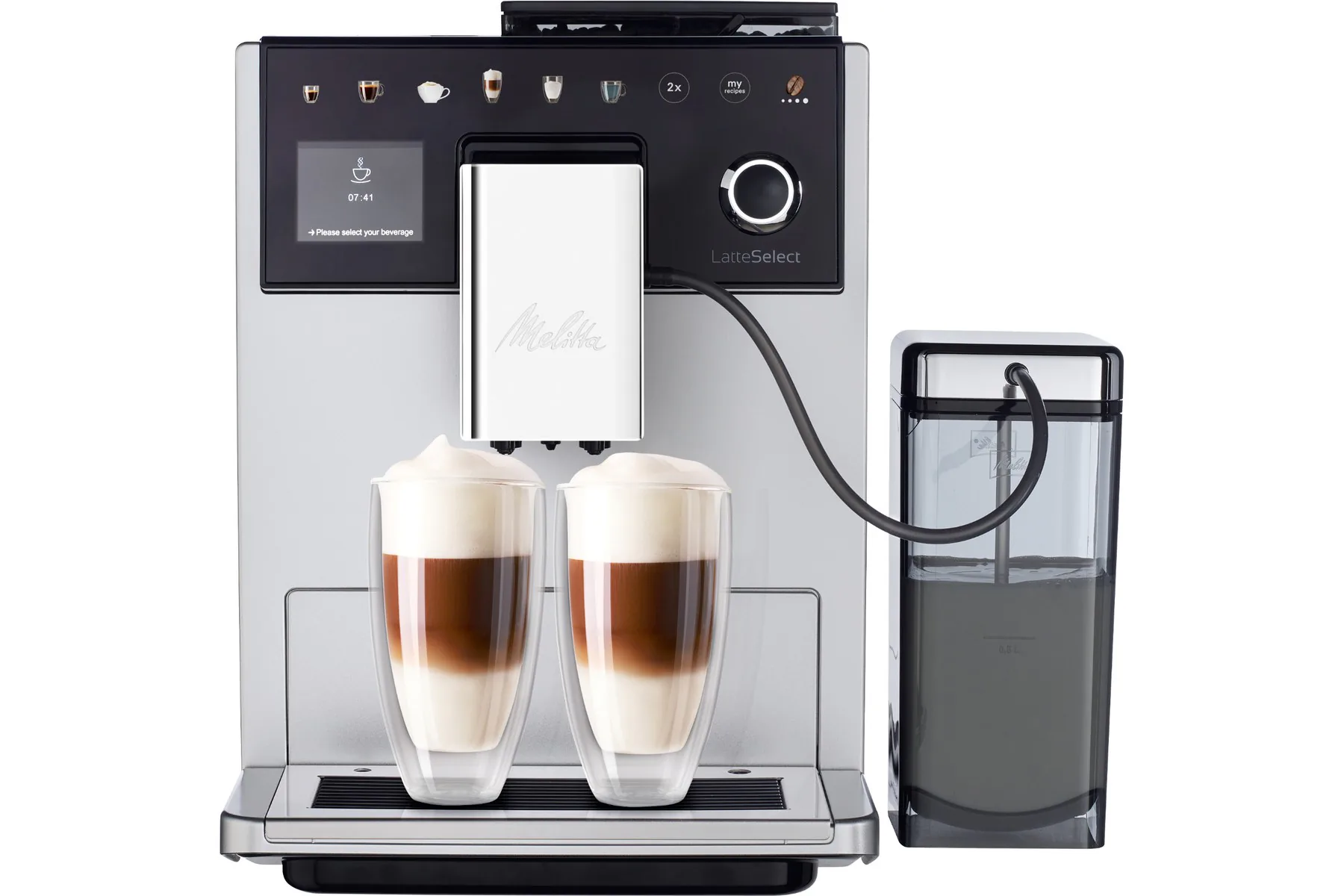 Melitta Latte Select F 630-211 готовит два латте макиато, рядом контейнер для молока