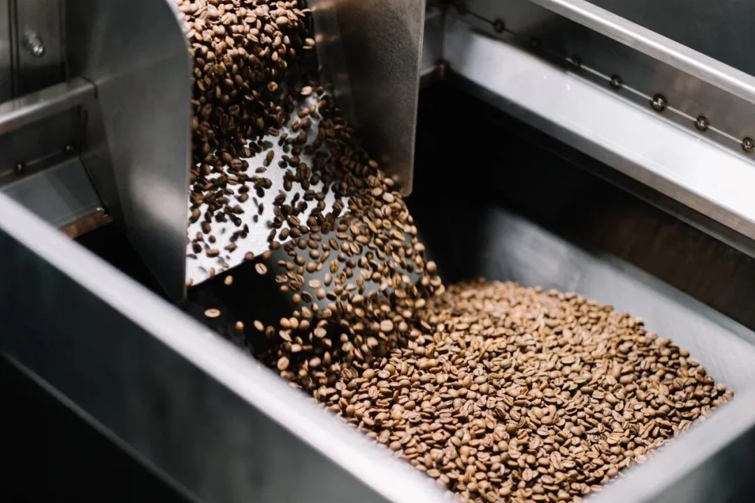 Обжаренное зерно выходит из ростера на производстве Tasty Coffee