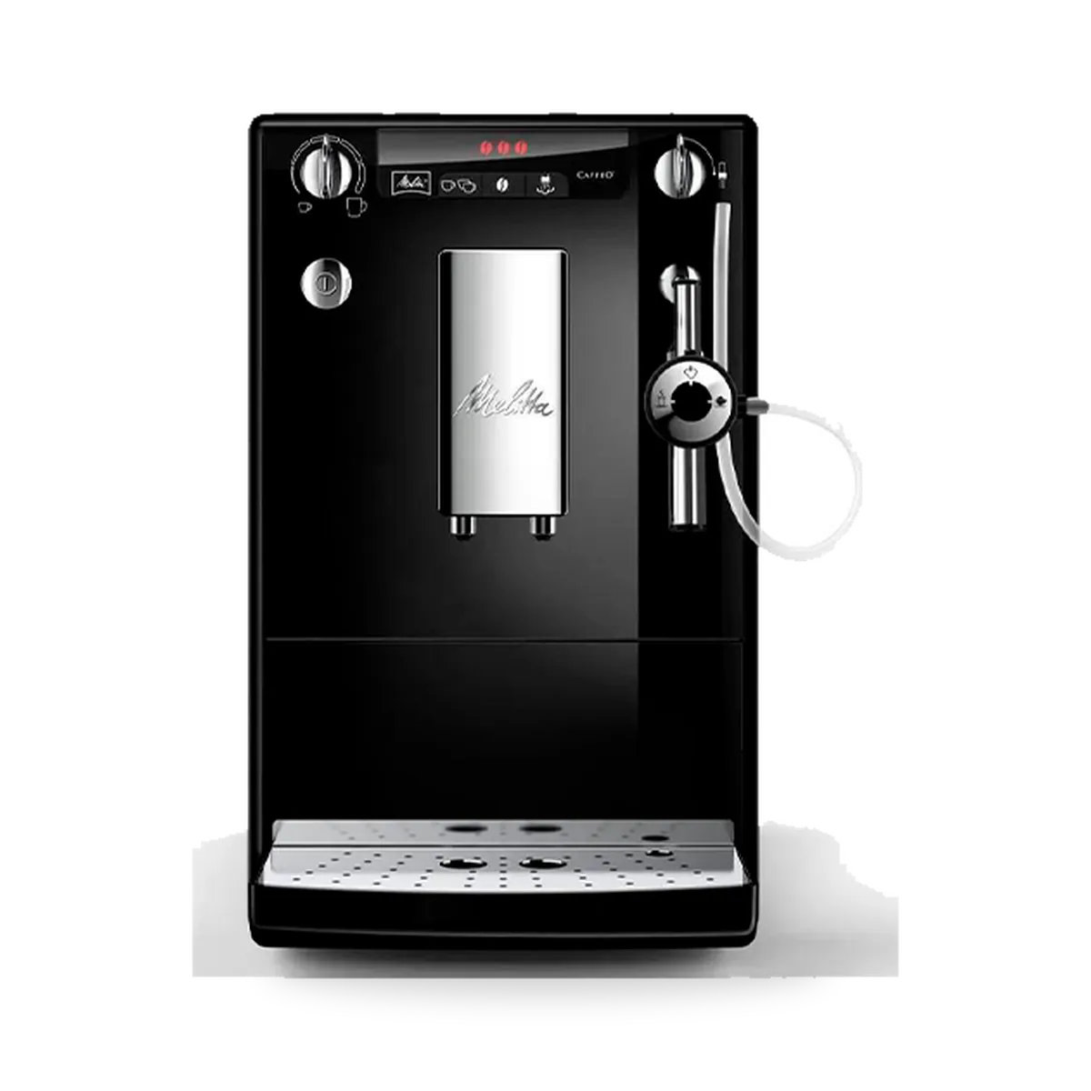 Кофемашина Melitta Caffeo Solo & Perfect Milk, глянцевая чёрная, узкий корпус, вид спереди