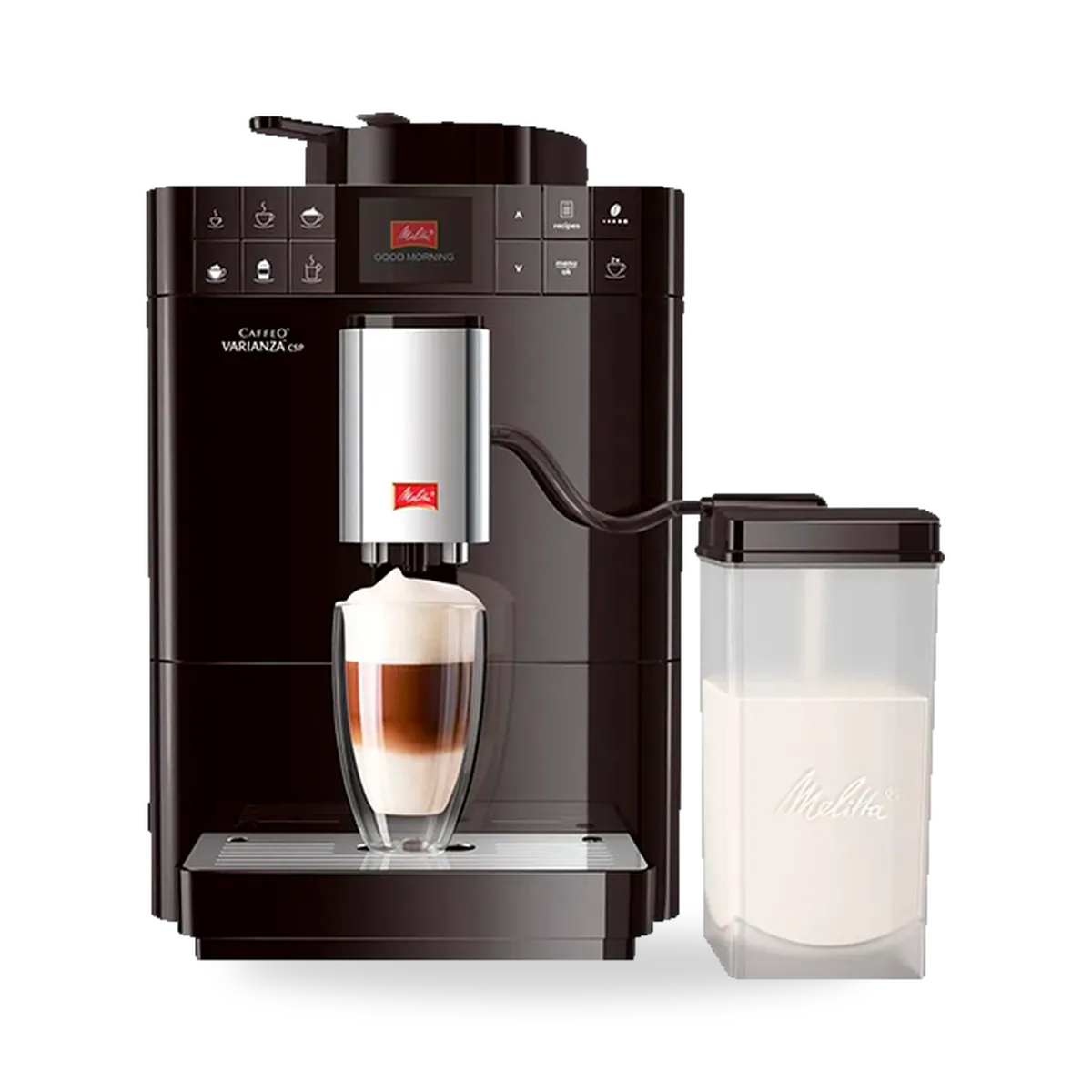 Кофемашина Melitta Caffeo Varianza CSP, чёрная, с молочным кувшином, вид спереди