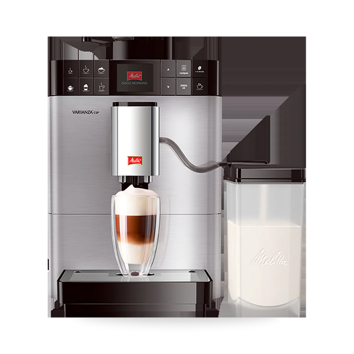 Кофемашина Melitta Caffeo Varianza CSP SST, панель из нержавеющей стали, с молочным кувшином, вид спереди